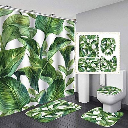 ZHANZZK Green Leaves 4 Piece Bathroom Set Shower Curtain Bath Rug Contour Mat and Toilet Lid Cover