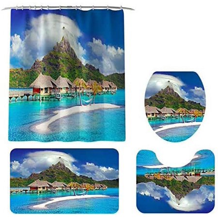 ZHANZZK Lakeside View 4 Piece Bathroom Set Shower Curtain Bath Rug Contour Mat and Toilet Lid Cover