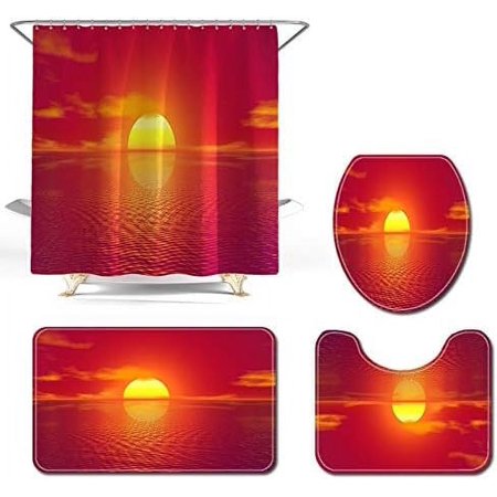 ZHANZZK Landscape 4 Piece Bathroom Set Shower Curtain Bath Rug Contour Mat and Toilet Lid Cover