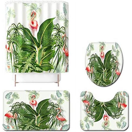 ZHANZZK Leaf 4 Piece Bathroom Set Shower Curtain Bath Rug Contour Mat and Toilet Lid Cover