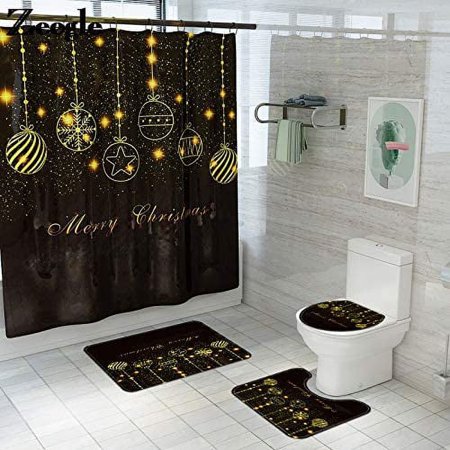 ZHANZZK Letter Christmas 4 Piece Bathroom Set Shower Curtain Bath Rug Contour Mat and Toilet Lid Cover