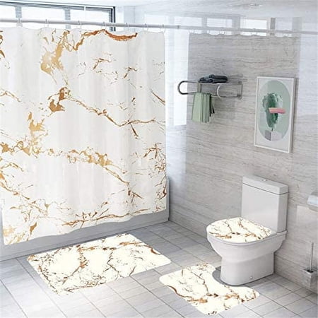 ZHANZZK Marble 4 Piece Bathroom Set Shower Curtain Bath Rug Contour Mat and Toilet Lid Cover