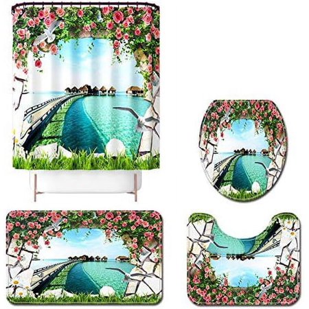 ZHANZZK Modern Style 4 Piece Bathroom Set Shower Curtain Bath Rug Contour Mat and Toilet Lid Cover