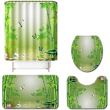 ZHANZZK Modern Style Scenic 4 Piece Bathroom Set Shower Curtain Bath Rug Contour Mat and Toilet Lid Cover