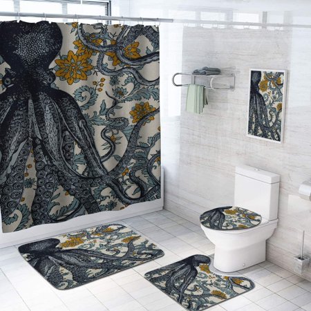 ZHANZZK Ocean Octopus 4 Piece Bathroom Set Shower Curtain Bath Rug Contour Mat and Toilet Lid Cover