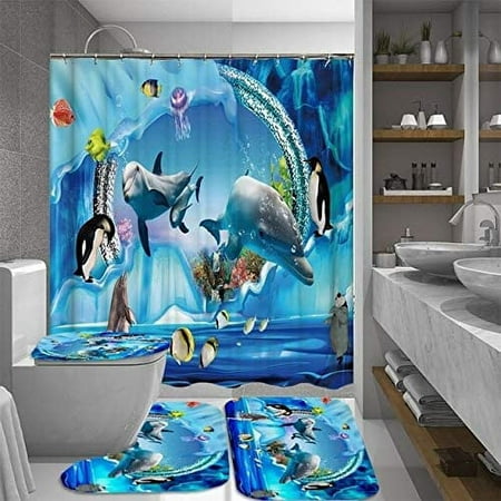ZHANZZK Ocean Sea World Dolphin Penguin 4 Piece Bathroom Set Shower Curtain Bath Rug Contour Mat and Toilet Lid Cover