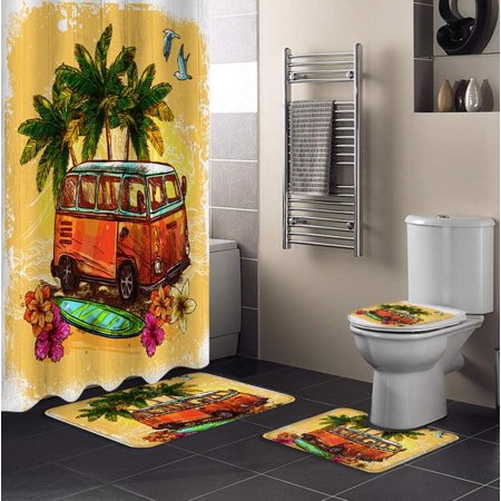 ZHANZZK Old Travel Bus 4 Piece Bathroom Set Shower Curtain Bath Rug Contour Mat and Toilet Lid Cover