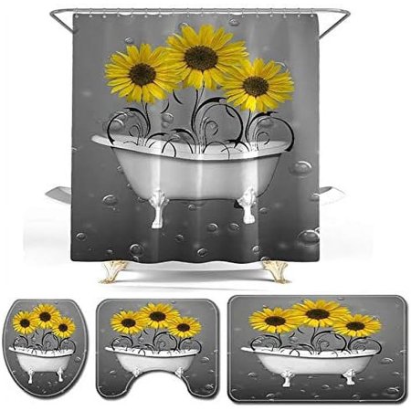 ZHANZZK Ouneed Sunflower 4 Piece Bathroom Set Shower Curtain Bath Rug Contour Mat and Toilet Lid Cover