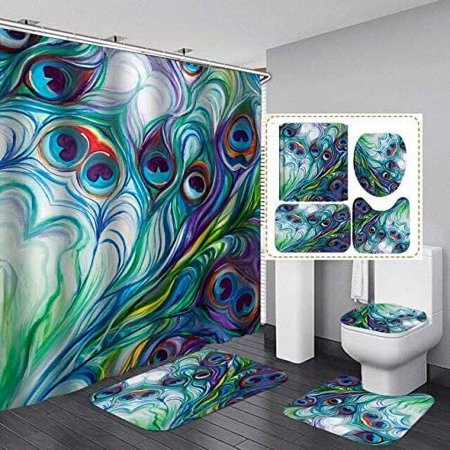 ZHANZZK Peacock 4 Piece Bathroom Set Shower Curtain Bath Rug Contour Mat and Toilet Lid Cover