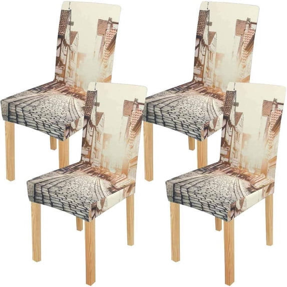 ZHANZZK Retro Vintage Europen Old Town at Sunset Stretch Chair Cover Protector Seat Slipcover for Dining Room Hotel Wedding Party Set of 4