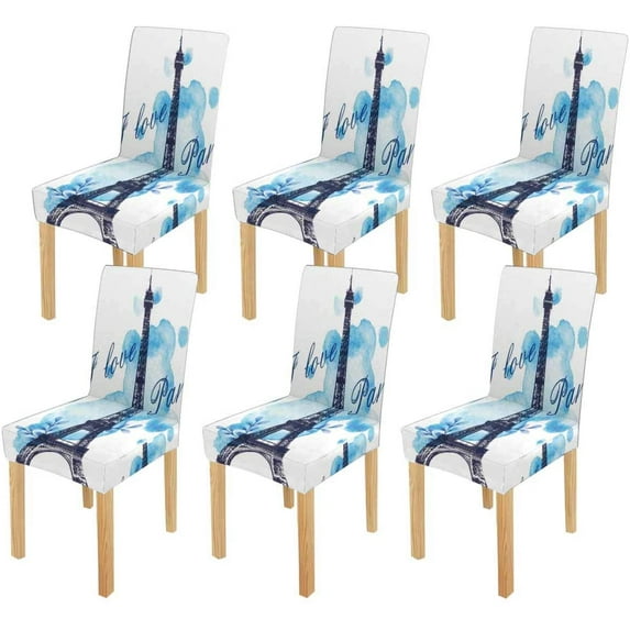 ZHANZZK Romantic Blue Watercolor Blots and Eiffel Tower Stretch Chair Cover Protector Seat Slipcover for Dining Room Hotel Wedding Party Set of 6