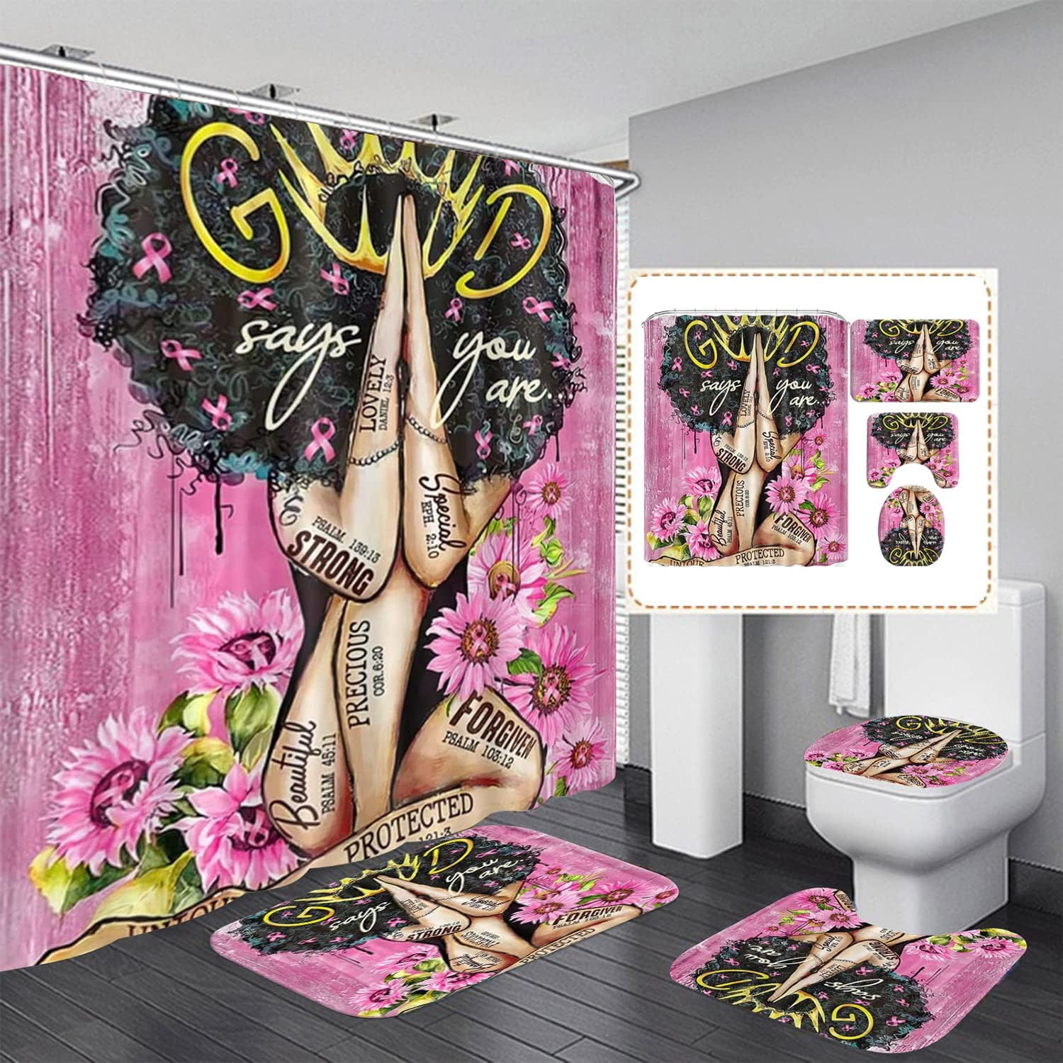ZHANZZK Romantic Sunflower Black Girl 4 Piece Bathroom Set Shower Curtain Bath Rug Contour Mat and Toilet Lid Cover