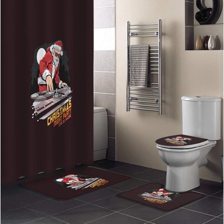 ZHANZZK Santa Claus 4 Piece Bathroom Set Shower Curtain Bath Rug Contour Mat and Toilet Lid Cover