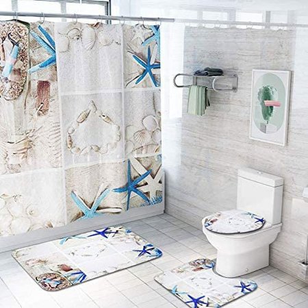ZHANZZK Sea Starfish Shell Beach 4 Piece Bathroom Set Shower Curtain Bath Rug Contour Mat and Toilet Lid Cover