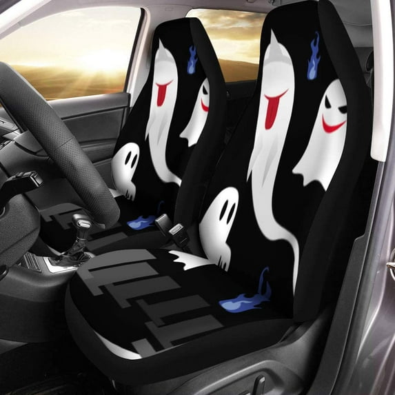 ZHANZZK Set of 2 Car Seat Covers Fire Cartoon Cute Ghost Halloween Japan Abstract Autumn Black Universal Auto Front Seats Protector Fits for Car,SUV Sedan,Truck