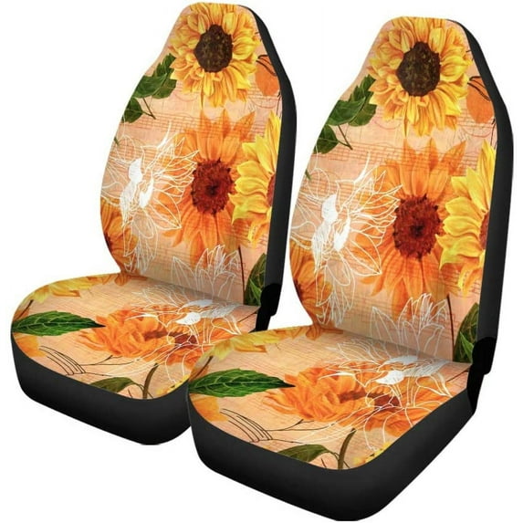 ZHANZZK Set of 2 Car Seat Covers Vibrant Yellow Watercolor Sunflowers of Old Ephemera Notes Universal Auto Front Seats Protector Fits for Car,SUV Sedan,Truck