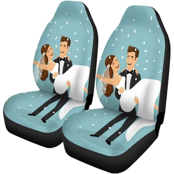 ZHANZZK Set of 2 Car Seat Covers Cartoon Mr Mrs Get Married Universal Auto Front Seats Protector Fits for Car,SUV Sedan,Truck