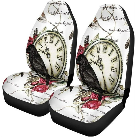 ZHANZZK Set of 2 Car Seat Covers Crow Clock Rose Universal Auto Front Seats Protector Fits for Car,SUV Sedan,Truck