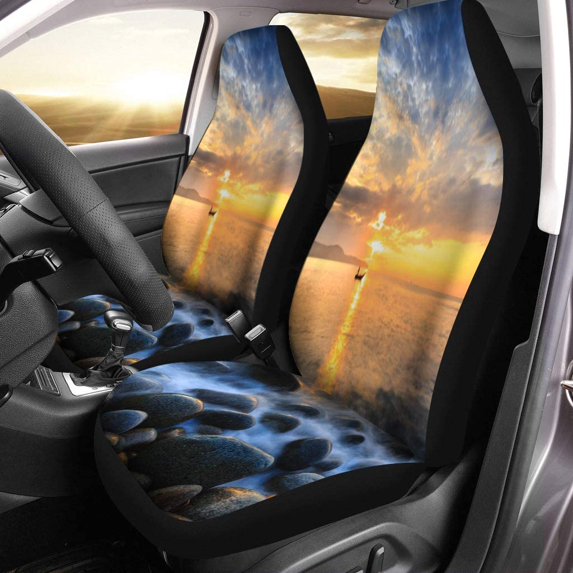 ZHANZZK Set of 2 Car Seat Covers Long Exposure of Sea and Stones Beautiful Sunrise Universal Auto Front Seats Protector Fits for Car,SUV Sedan,Truck