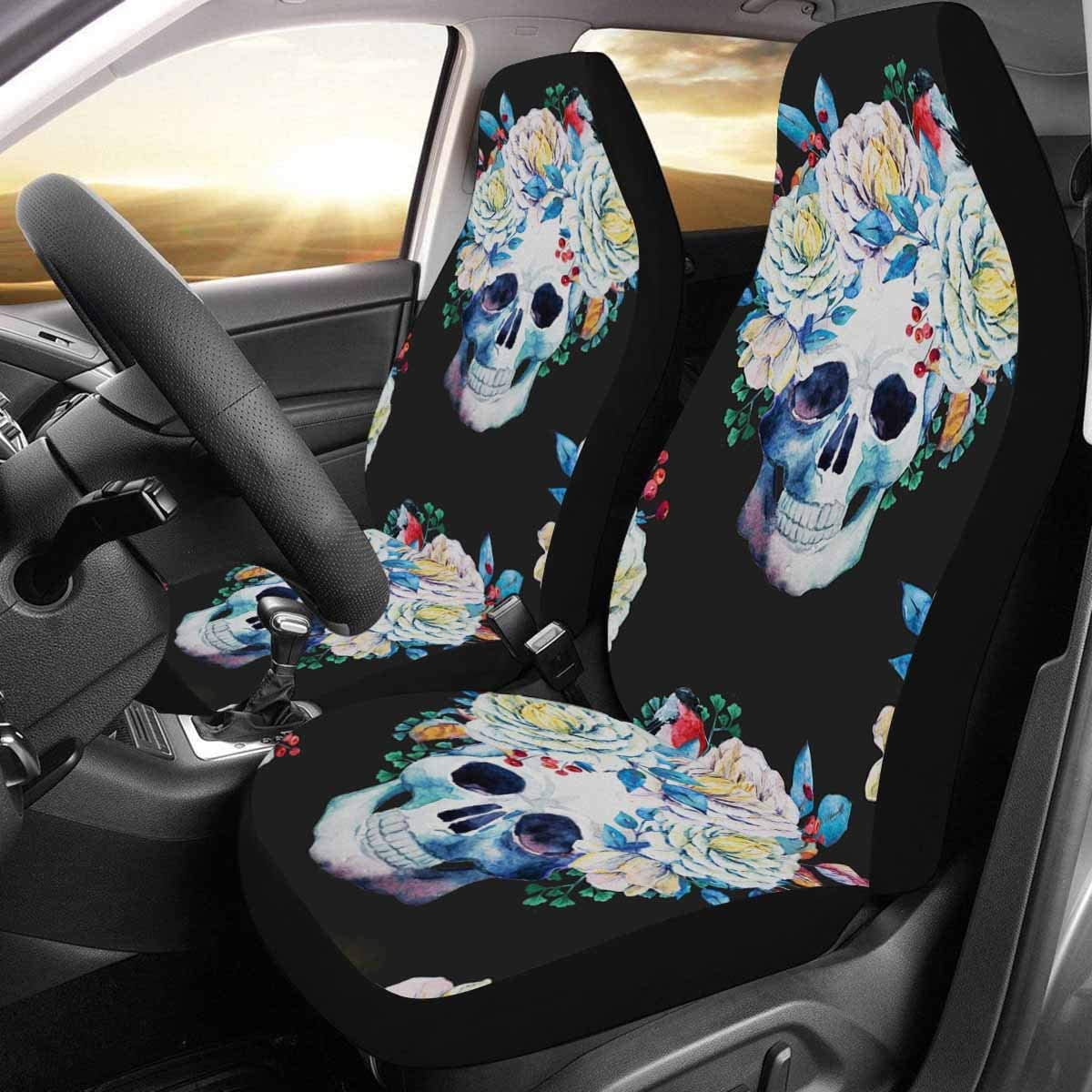 ZHANZZK Set of 2 Car Seat Covers Skull Floral Flower Universal Auto Front Seats Protector Fits for Car,SUV Sedan,Truck