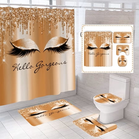 ZHANZZK Stylish Glittering Eyelash 4 Piece Bathroom Set Shower Curtain Bath Rug Contour Mat and Toilet Lid Cover