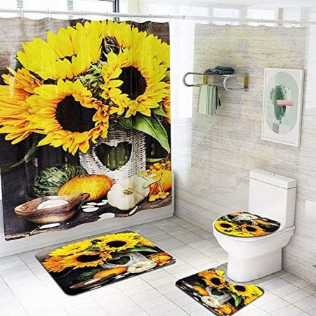 ZHANZZK Sunflower 4 Piece Bathroom Set Shower Curtain Bath Rug Contour Mat and Toilet Lid Cover