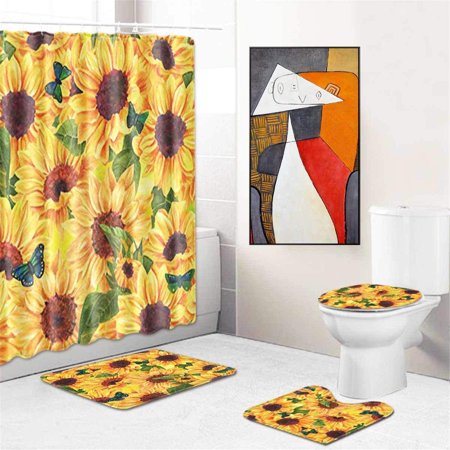 ZHANZZK Sunflower Hos 4 Piece Bathroom Set Shower Curtain Bath Rug Contour Mat and Toilet Lid Cover