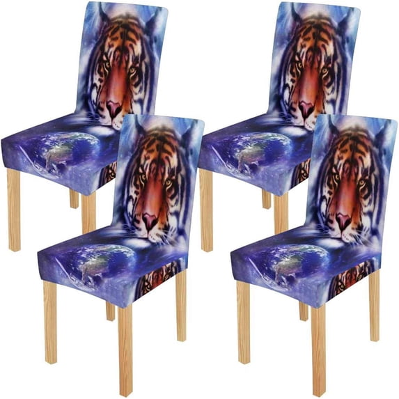 ZHANZZK Tiger Wildlife with Earth and Stars Stretch Chair Cover Protector Seat Slipcover for Dining Room Hotel Wedding Party Set of 4
