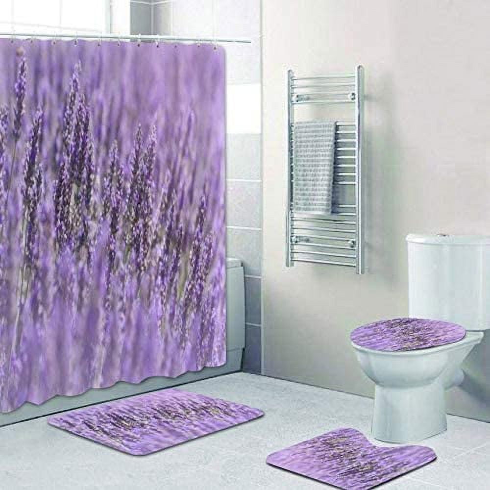 Purple Lavender Shower Curtain Sets Non-Slip Rugs Toilet Lid Cover