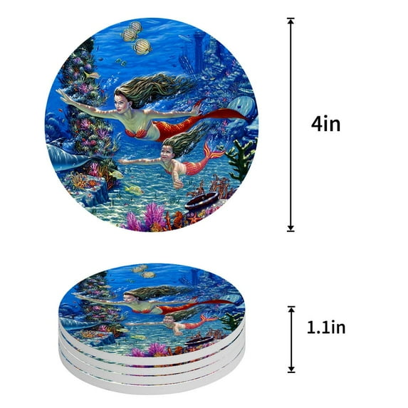 ZHANZZK Underwater World Beautiful Mermaid Set of 8 Round Coaster for Drinks, Absorbent Ceramic Stone Coasters Cup Mat with Cork Base for Home Kitchen Room Coffee Table Bar Decor