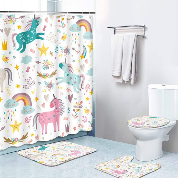 ZHANZZK Unicorns 4 Piece Bathroom Set Shower Curtain Bath Rug Contour Mat and Toilet Lid Cover