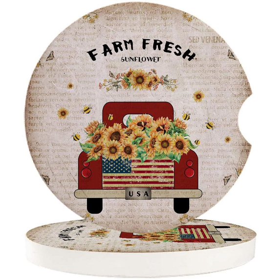 ZHANZZK Vintage Truck with Sunflowers Old Newspaper Set of 6 Car Coaster for Drinks, Absorbent Ceramic Stone Coasters Cup Mat with Cork Base for Home Kitchen Room Coffee Table Bar Decor