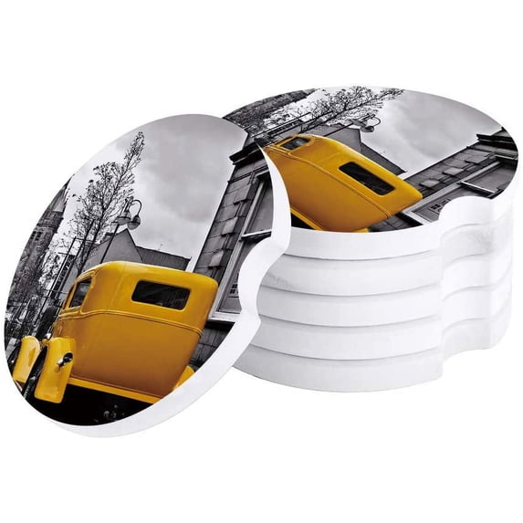 ZHANZZK Yellow Car Retro London Street Set of 2 Car Coaster for Drinks, Absorbent Ceramic Stone Coasters Cup Mat with Cork Base for Home Kitchen Room Coffee Table Bar Decor