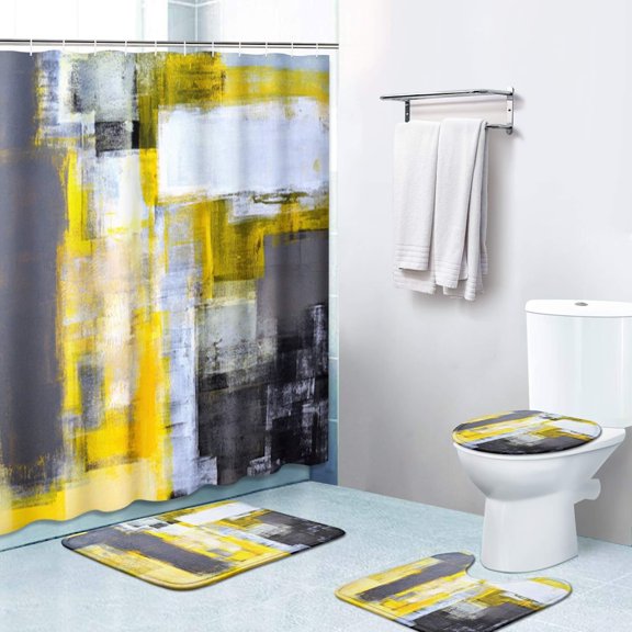 ZHANZZK Yellow Gray White 4 Piece Bathroom Set Shower Curtain Bath Rug Contour Mat and Toilet Lid Cover