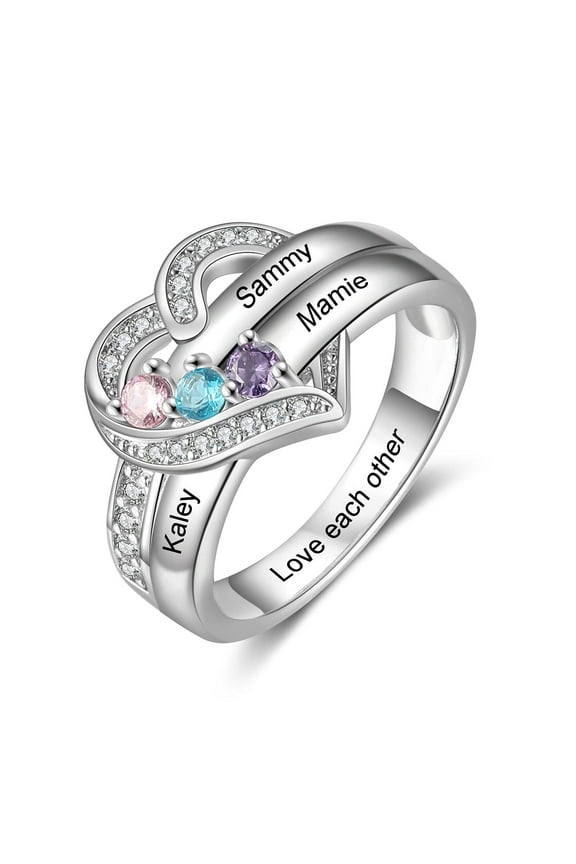 Mom Gifts Sterling Silver Personalized 3 Birthstones Heart Rings for Women Custom 3 Names Ring Mothers Day Birthday Gifts for Mother Grandmother Wife Her