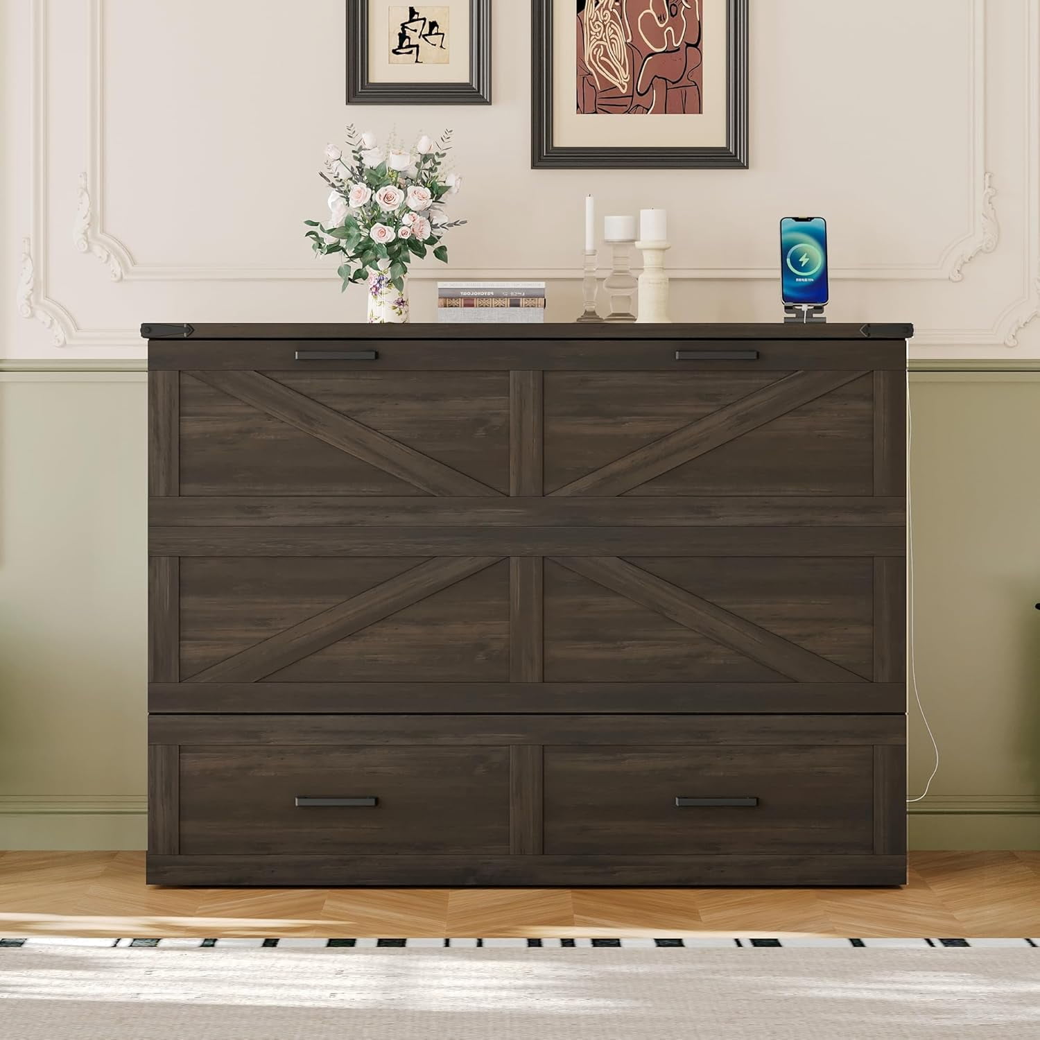 ZHAOFAPU Full Size Murphy Bed, Farmhouse Murphy Cabinet Bed with USB ...