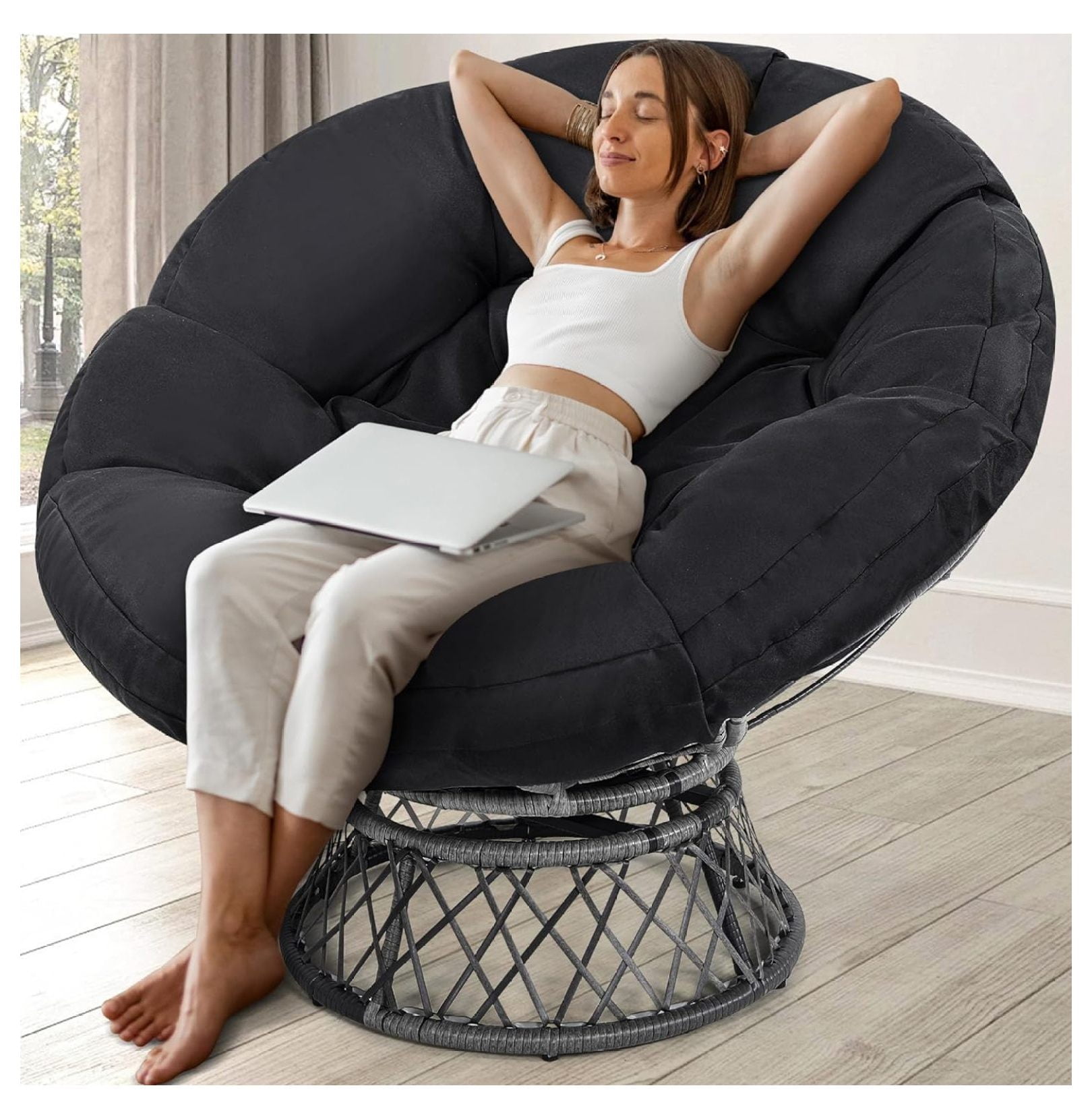 ZHAOTONG 44" Giant Oversized Rattan Papasan Chair with Cushion and