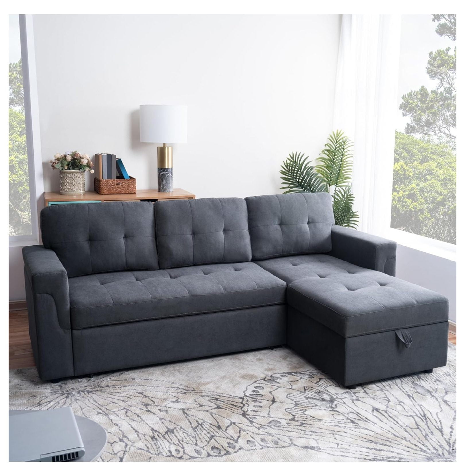 ZHAOTONG Jenny Sectional Sofa Sleeper with Storage Chaise, Tufted Pull