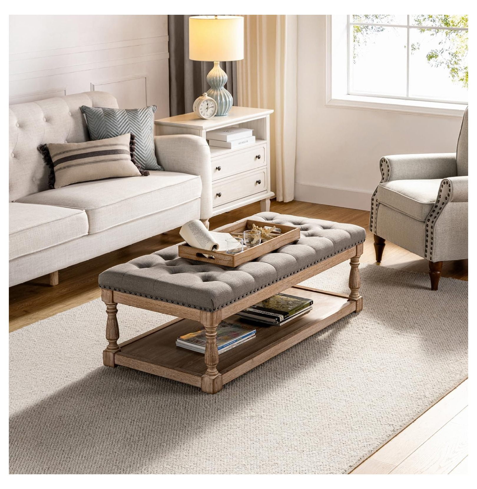 ZHAOTONG Rectangle Ottoman Coffee Table with Tray, Large Tufted Fabric ...