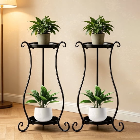 ZHEILFG 2 Pack Round Metal Plant Stand, Indoor Outdoor Flower Pot Display Rack for Home Balcony Garden