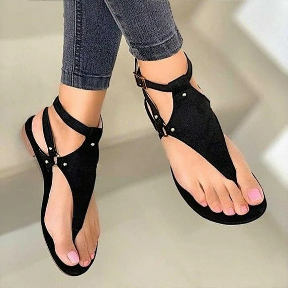 ZHELIYO Women's sandals Thong Sandals For Women Flat Sandals Open Toe Shoes Beach Sandals Ladies Buckle Strap Flip Flops Shoes Black 8