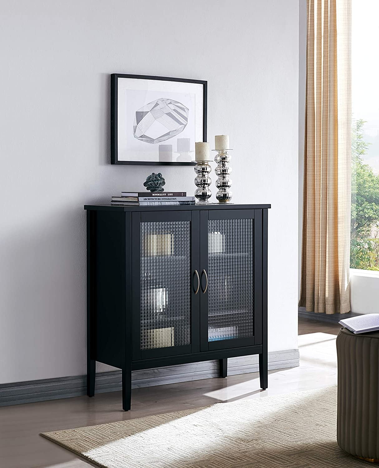 Black Wood and Frosted Glass 2-Door Accent Cabinet with Adjustable Shelves
