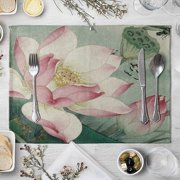 ZHENHE Ink and Wash Style Lotus Pattern Placemat Cotton Linen Fabric Table Mats Family Dinner Tableware Kitchen Table Mat