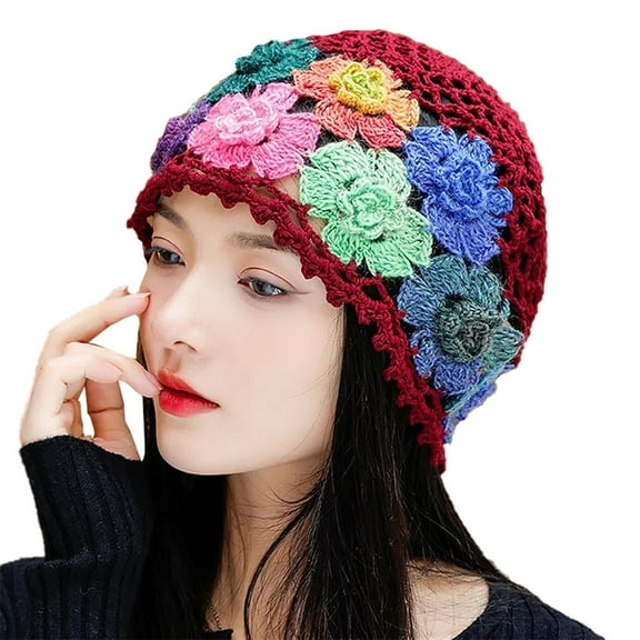 ZHENHONG Beanies for Women Vintage Handmade Embroideried Crochet Knit Hollow Out Floral Hat Casual Floral Headwear Red