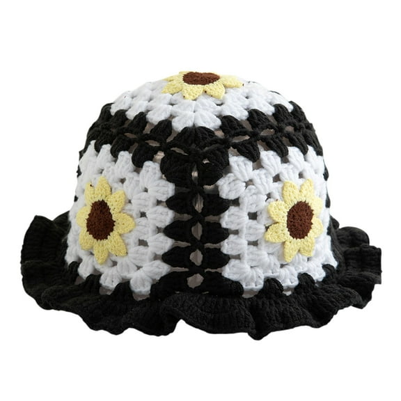ZHENHONG Bucket Hats for Women Cartoon Crochet Bucket Hat Sweet Mesh Bolwer Hat Casual Solid Color Headwear Black