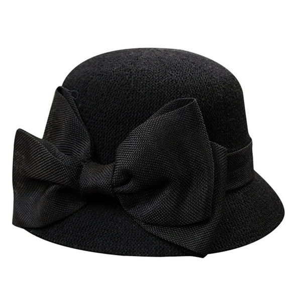 ZHENHONG Bucket Hats for Women Fashion Sun Beach Hat Summer Soft Bow Straw Hats Casual Solid Color Headwear Black