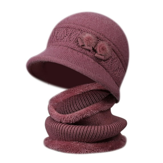 ZHENHONG Bucket Hats for Women Knitted Warm Padded Cotton Hat and Scarf Two Piece Set Casual Solid Color Headwear Pink