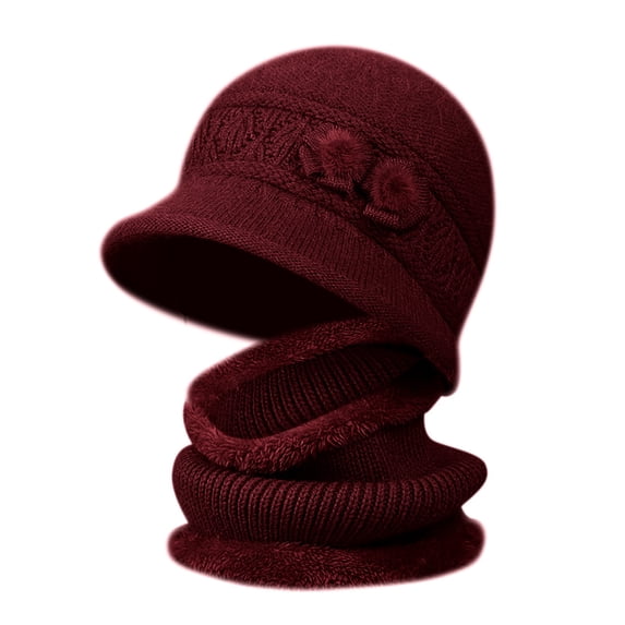 ZHENHONG Bucket Hats for Women Knitted Warm Padded Cotton Hat and Scarf Two Piece Set Casual Solid Color Headwear Red