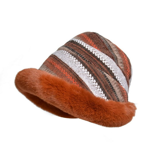 ZHENHONG Bucket Hats for Women Striped Fisherman's Hat Retro Knitted Wool Basin Hat Casual Solid Color Headwear Brown