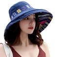 thumbnail image 1 of ZHENHONG Bucket Hats for Women Wide Brim Double Sided Floppy Hat Foldable Ethnic Wind Travel Sunscreen Sun Beach Hat Navy, 1 of 3